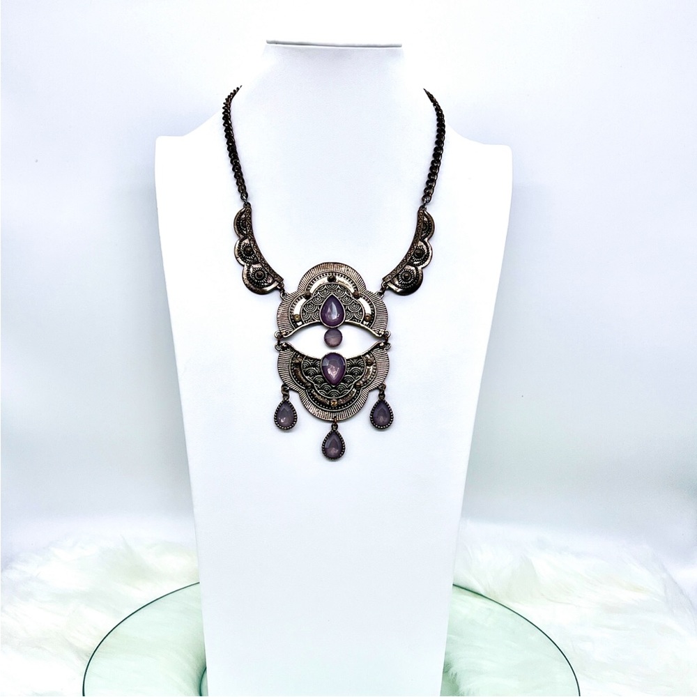 Unique Vintage Gray Jeweled SilverTone Tribal Statement Necklace - Picture 1 of 6